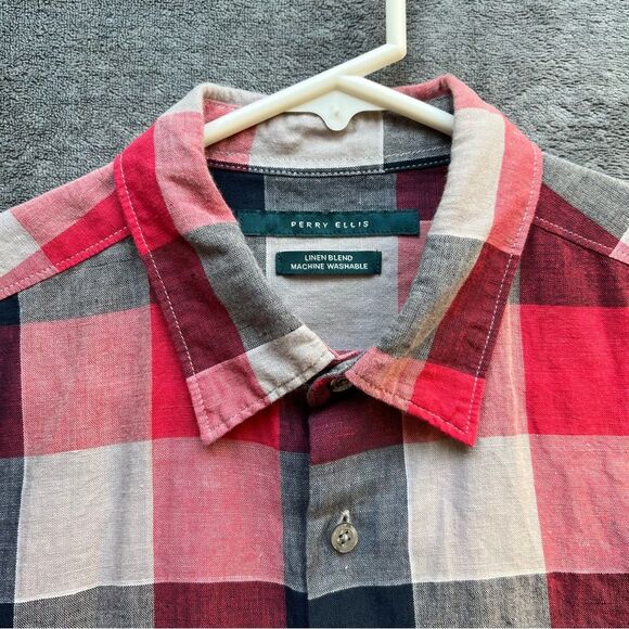 Perry Ellis Sz M Linen Cotton Blend Plaid Red Long Sleeve Shirt Button Down - Picture 2 of 14